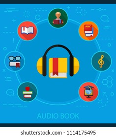 Audio book flat icons concept. Vector illustration. Element template for design.