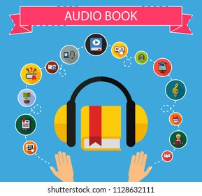 Audio book flat icons concept. Vector illustration. Element template for design.