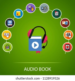 Audio book flat icons concept. Vector illustration. Element template for design.