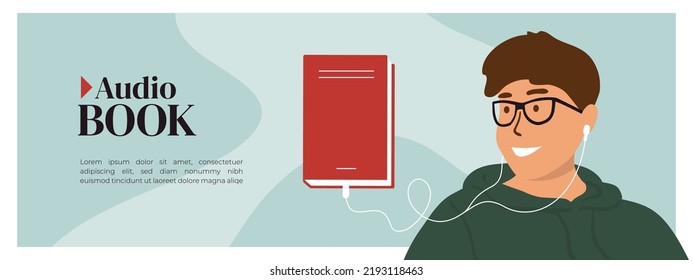 Audio-Buch horizontale Layout Vorlage. Mann mit Brille Hörbuch durch Kopfhörer hören. Männlicher Charakter, der Bücher hört. Online-Hörbuchbibliothek, Shopservice. Ad-Web-Banner, Vektorgrafik