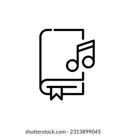 Audio book icon. Book with bookmark and musical notes. Electronic library. Pixel perfect, editable stroke