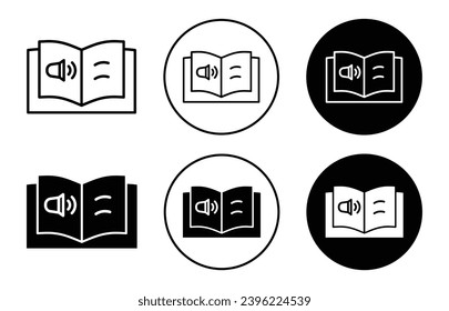 icono del libro de audio. ebook con juego de símbolos de altavoz de lectura automática. lector de libros de audio con logotipo de línea vectorial de la biblioteca de sonido