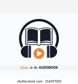 Audio book icon with book and headphones signs and text listen to the audio book dark blue color design art
