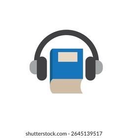 Audio book icon. Book with headphones vector illustration. Listening to audiobook concept. Sound combined with education and entertainment in modern technology.