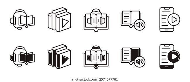 audio book icon line set education listening study online book learning media vector podcast music library signs outline illustration