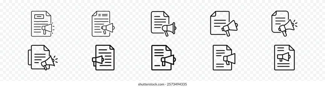 audio book icon, Read aloud icon or audiobook with text paper, write announcement line icon. Document paper and megaphone outline vector icons. Announce, voice a proposal icon