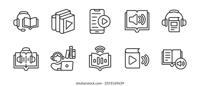 Conjunto de iconos de libro de audio Estudio de educación Escuchar Podcast Altavoz Vector de línea de auriculares Biblioteca digital en línea Sonido Música Ilustración de símbolo de audiolibro