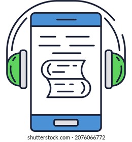 Icono de libro de audio. El podcast vector audiobook escucha a través de auriculares. Símbolo plano de aprendizaje, lectura en línea. Diseño de aplicaciones de audición de Ebook a través del smartphone
