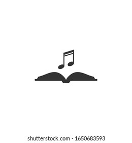 Audio book logo. black opened book with music note on white background. Flat vector illustration. Internet education online logo. Study, learn online concept. Listen audio book. 
