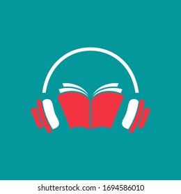 Audio book logo. red open book with headphones or headset on blue background. Flat vector illustration. Internet education online logo. Study, learn online concept. Listen audio book.
