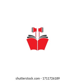Logo del libro de audio. libro abierto rojo con auriculares o auriculares en fondo blanco. Ilustración vectorial plana. Logo en línea de educación en Internet. Estudia, aprende el concepto en línea. Escucha el libro de audio.