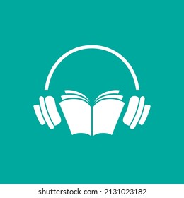 Logo del libro de audio. libro abierto rojo con auriculares o auriculares con fondo azul. Ilustración vectorial plana. Logo de Internet Education. Estudia, aprende el concepto en línea. Escucha el libro de audio.