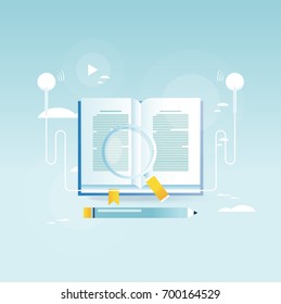 Audio book, online education, e-book vector illustration design for mobile and web graphics. E-learning, online trainings, courses, internet studying, online book, tutorials 
