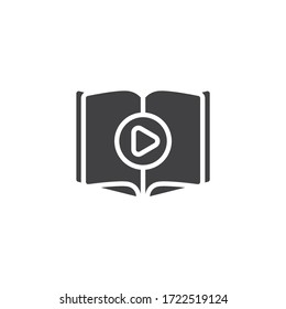 Audio book play vector icon. filled flat sign for mobile concept and web design. Open book pages and play button glyph icon. E-learning, online education symbol, logo illustration. Vector graphics
