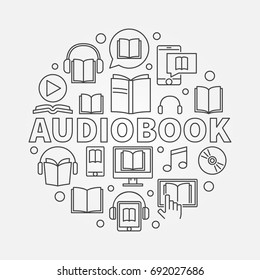 Audio book round illustration - vector concept symbol made with outline word AUDIOBOOK and books icons