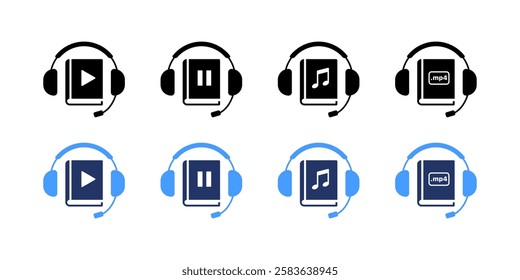 Audio book set icons. Flat and silhouette style. Vector icons.