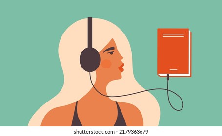 Audio book vector illustration. Young woman listening audiobook. Female character listening to books by headphones. Smart student girl learning audio lesson. Online library, education, podcast concept