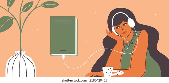 Audio book vector illustration. Young woman sitting at home listening audiobook. Female character listening to books headphones. Girl learning audio lesson. Online library, education, podcast concept