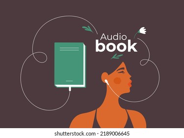 Audio-Buch, Vektorgrafik. Junge schöne Frau hört Hörbuch. Weibliche Figur, die Bücher mit Kopfhörern hört. Online-Bibliothek, Buchshop-Service, intelligentes Mädchen, Podcast-Konzept, Werbebanner