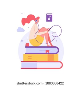 Audio Book. Woman Listening Book with Digital Library Service. Users Studying with Audiobooks. Concept of Electronic Library, Online Book Store, Ebook. Vector illustration for Web Design