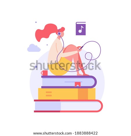 Audio Book. Woman Listening Book with Digital Library Service. Users Studying with Audiobooks. Concept of Electronic Library, Online Book Store, Ebook. Vector illustration for Web Design