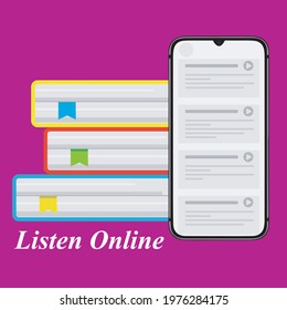 Audio books app concept. Colorful books and smartphone.