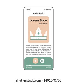 Audio books app smartphone interface vector template. Mobile application page modern design layout. Audiobooks player screen. Ebook reader flat UI. Books listening widget. Phone display