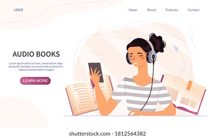 Audio books concept with woman listening on a headset connected to her mobile phone against a backdrop of hardcover books, colored vector illustration web page template