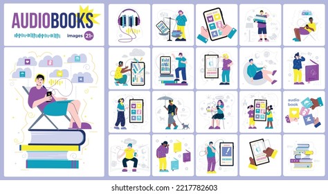 Audio books flat composition consisting of twenty one images of people in headphones listening to audiobooks from smartphone vector illustration