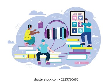 Audio books flat composition with young people listening to digital audiobooks and podcasts vector illustration