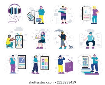 Audio books flat set of people listening audiobooks using smartphones and headphones anywhere isolated vector illustration