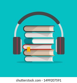 Audio books with headphones concept vector illustration, flat cartoon headset with digital online books stack, idea of podcast listening or electronic learning and study, education concept