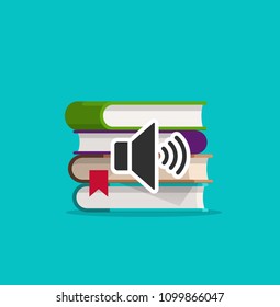 Audio books icon vector illustration, flat cartoon books stack and sound icon
