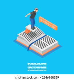 Audio books isometric background with composition of female character on trampoline on top of open book vector illustration