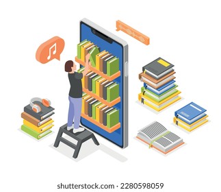 Audio books isometric composition with character of female librarian with book shelves inside smartphone screen frame vector illustration