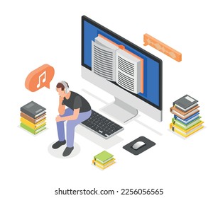 Audio books isometric composition with icons of desktop computer book stacks and sitting guy in headphones vector illustration