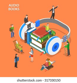 Audio books listening isometric flat vector concept. Pile of books and earphones are laying on the floor and people around them are reading and listening books.