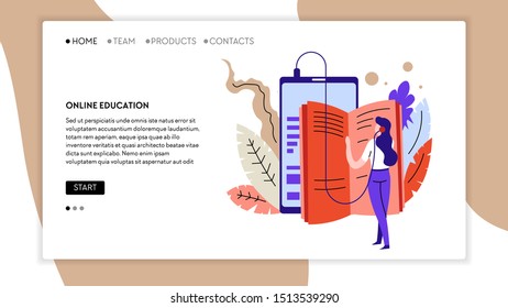 Audio books or textbooks, listening online education and distant learning vector. Woman in headphones or earphone, studying Internet library. Tablet or device, modern technology training or courses