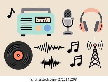 Symbole für die Audio-Übertragung im flachen Stil für Themen der Medienkommunikation. Ideal für Radio-Apps, Podcasts, Streaming-Plattformen und Musik-Branding.