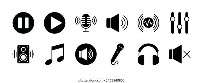 Audio button icon set. Containing music, sound, speaker volume, play, video, pause, equalizer, loudspeaker, mute, microphone, headset. Vector illustration