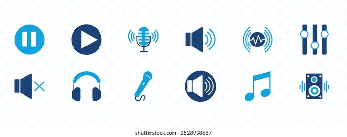 Conjunto de iconos de Botón de audio. Video Contiene música, sonido, volumen del altavoz, reproducción, pausa, ecualizador, altavoz, silencio, micrófono, auriculares. Ilustración vectorial