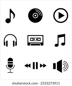 Conjunto de ícones de linha fina do botão de áudio. Contém música, som, volume do alto-falante, reproduzir, vídeo, pausar, microfone, headset.