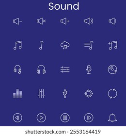 Conjunto de iconos de línea delgada de Botón de audio. Video Contiene música, sonido, volumen del altavoz, reproducción, pausa, ecualizador, altavoz, silencio, micrófono, auriculares. Ilustración vectorial