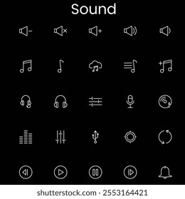 Conjunto de iconos de línea delgada de Botón de audio. Video Contiene música, sonido, volumen del altavoz, reproducción, pausa, ecualizador, altavoz, silencio, micrófono, auriculares. Ilustración vectorial