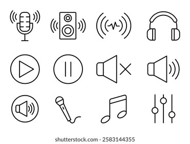 Audio button thin line icon set. Musical instrument symbol, linear sound and volume icon set. loudspeaker, mute, microphone, headset. sound, speaker volume, play, video, pause, equalizer,