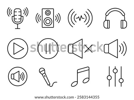 Audio button thin line icon set. Musical instrument symbol, linear sound and volume icon set. loudspeaker, mute, microphone, headset. sound, speaker volume, play, video, pause, equalizer,