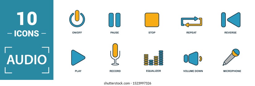 Audio Buttons icon set. Include creative elements play, pause, on off, volume down, repeat icons. Can be used for report, presentation, diagram, web design.