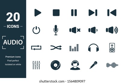 Audio Buttons icon set. Include creative elements play, pause, on off, volume down, repeat icons. Can be used for report, presentation, diagram, web design.