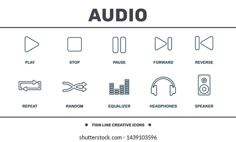 Audio Buttons icons set collection. Includes creative elements such as Play, Stop, Pause, Reverse, Forward, Random and Equalizer premium icons.
