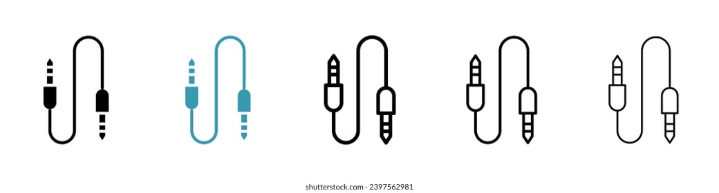 Audio Cable vector illustration set. Microphone jack cord symbol. Guitar aux plug sign. Music headphone wire sign in black color.